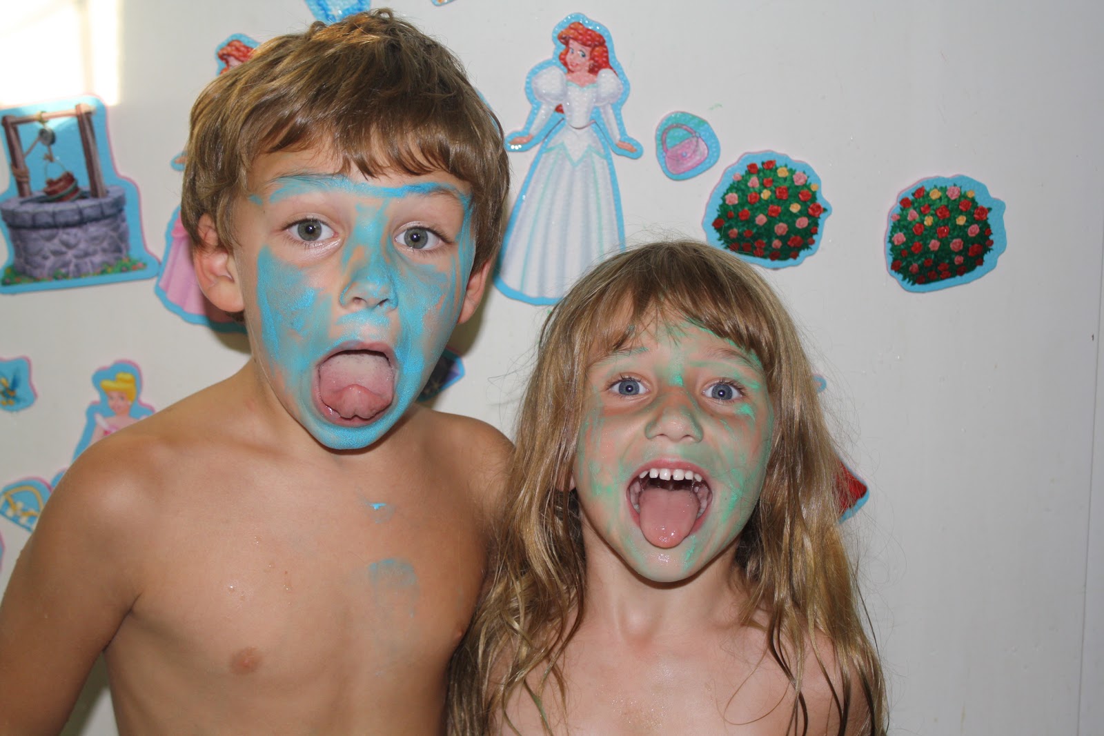 bathroom tub shower  is what we found! They used their bath crayons to paint their faces