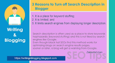 cover image, search description in blogger should be turned of because it limits the search engines from displaying longer description of your blog post, search description and noodp are also related