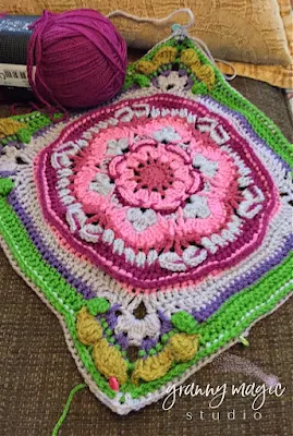 Work in progress shows the first section of the blanket completed.