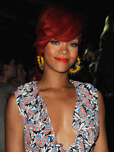 Rihanna Red Hair Red Dress. pictures or forest green dress