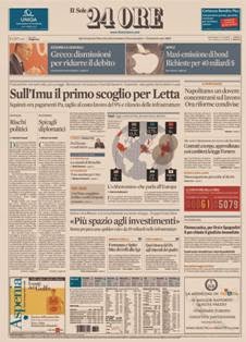 Il Sole 24 Ore dell'1 Maggio 2013 | ISSN 0391-786X | PDF HQ | Quotidiano | Economia | Finanza | Politica
Il Sole 24 Ore è il quotidiano economico più venduto tra quelli pubblicati in Italia e il terzo giornale d'informazione più venduto nel paese dopo il Corriere della Sera e La Repubblica.
La testata nacque il 9 novembre 1965 dalla fusione di due quotidiani: Il Sole, fondato nel 1865, e 24 Ore, nato nel 1946.