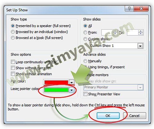  Gambar: Merubah / Mengganti warna laser pointer di Microsoft Powerpoint 2010