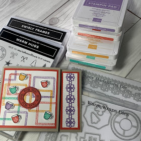 Stamp sets, dies and inks used to create a gift card holder with coffee mugs