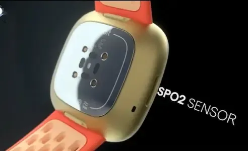 Back of Fitbit Sense watch with spo2 sensor written on it