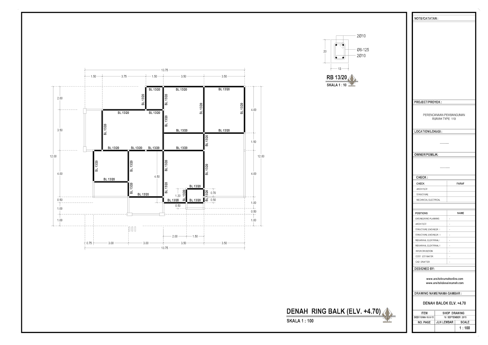  Denah  Ring Balok  Rumah  Lantai  1 El 4 7 m Jasa Arsitek 