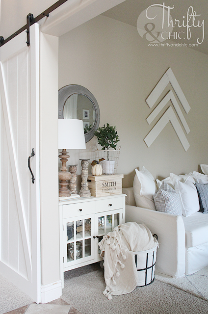 White living room decor and decorating ideas with DIY barn doors