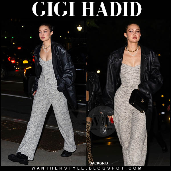 Gigi Hadid in grey boucle jumpsuit and black leather jacket