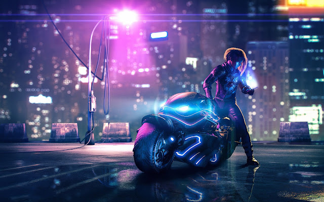 Cyberpunk Bike Street Light Artist, Hd, 4k, Artwork, Artstation, Cyberpunk, Biker Images.