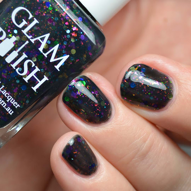 black jelly nail polish with rainbow glitter