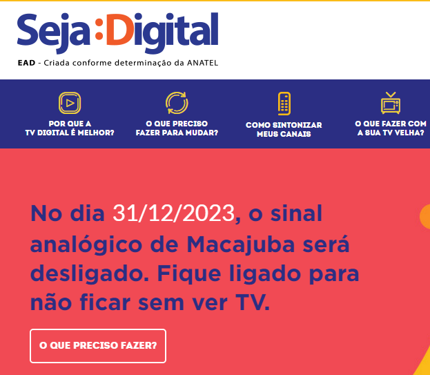 Sinal Analógico de Macajuba será desligado em 31/12/2023 diz Site "Seja Digital".