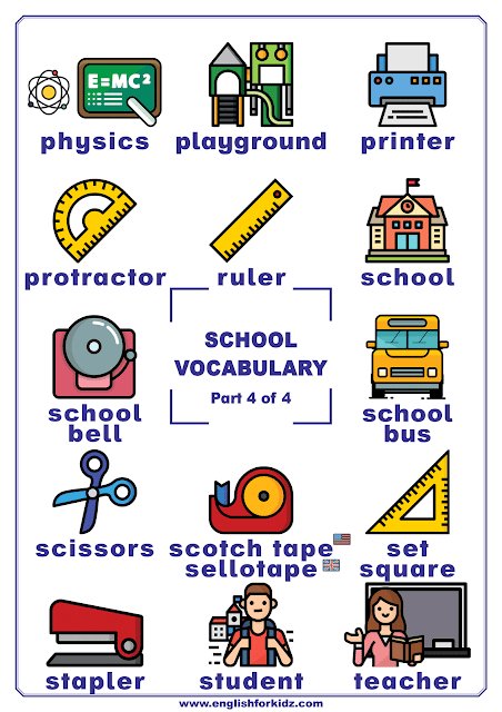 School supplies vocabulary and other words related to school in English