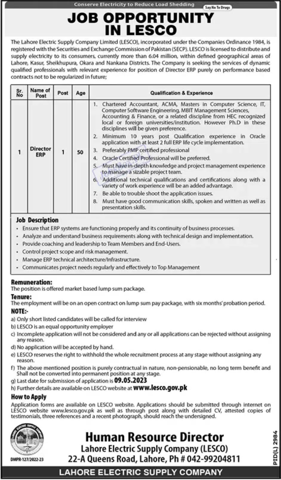 LESCO Lahore Electric Supply Company  jobs in 2023