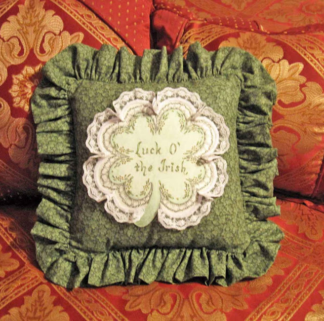 Hand Tinted Pillow with Luck O' the Irish Four Leaf Clover