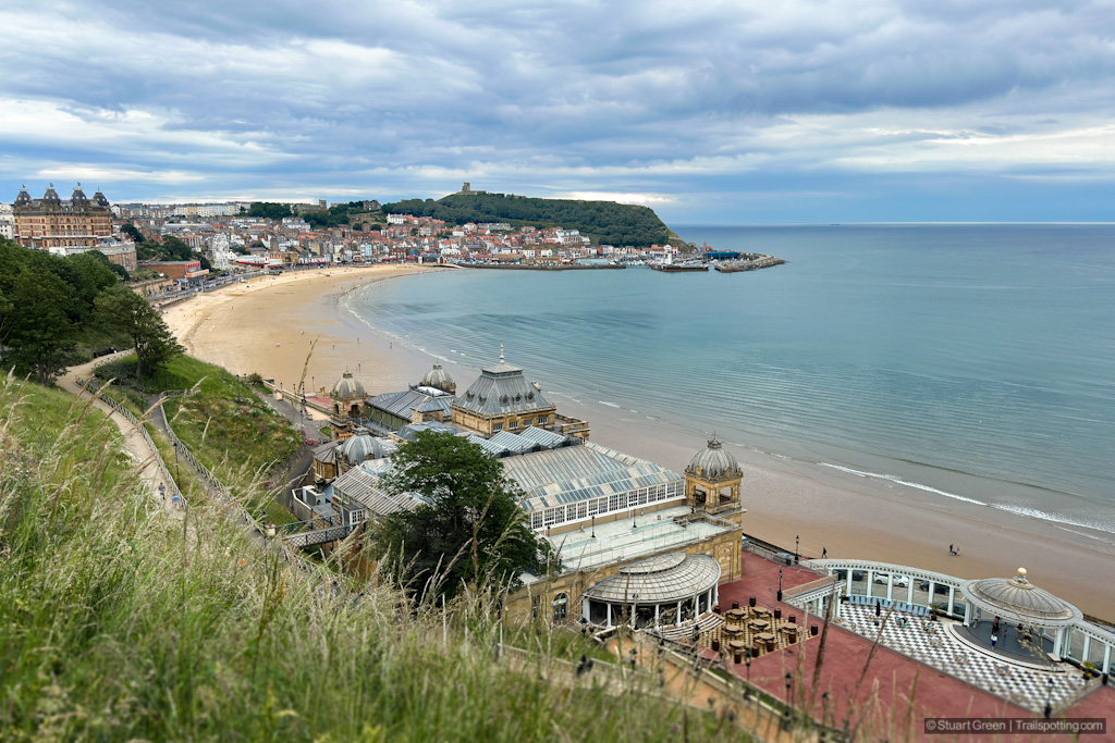 Scarborough's South Bay and Spa Theater. Castle ruins on the distant hill beyond.