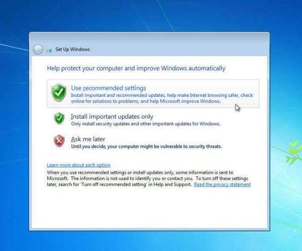 cara instal windows 7, recommended setting