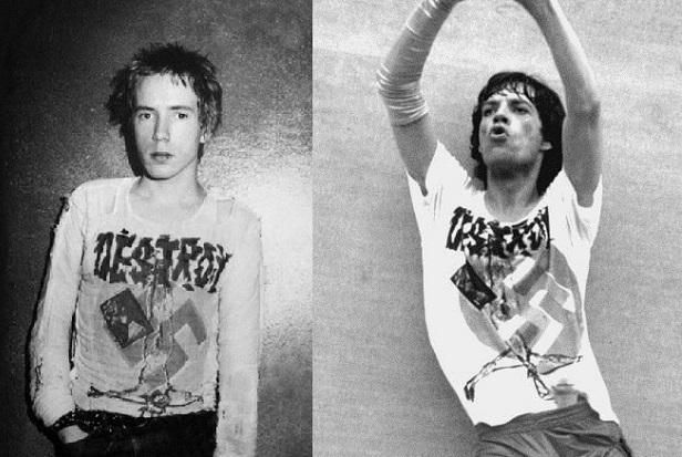 DESTROY shirt as worn by Johnny Rotten and Mick Jagger in The Sex Pistols vs. The Rolling Stones feud to see who's the most edgy band.  PunkMetalRap.com.