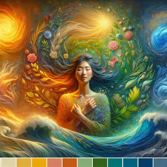 A serene woman with closed eyes and her crossed arms over her chest, is surrounded by a vibrant, swirling aura of flowers, leaves, and elemental energy. The scene represents sensing color energy, with fire, earth, air, and water depicted in each corner. Below her, ocean waves crash, symbolizing the movement of emotions and the ability to feel energy through color. A color palette scale is included at the bottom, showcasing the image’s rich hues."