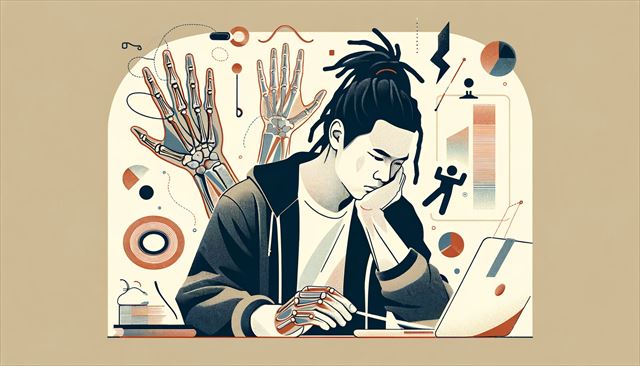 An abstract minimalistic illustration of a casual Japanese man with dreadlocks facing the challenge of tendonitis, limiting his ability to work. The scene depicts him in a moment of contemplation, surrounded by abstract symbols that convey his conflict between the desire to work and the need to rest. Elements might include a faded computer or work tools, and visual representations of discomfort in the hand. The style is minimalistic, focusing on themes of health challenges, financial aspirations, and the internal struggle between ambition and physical limitations.