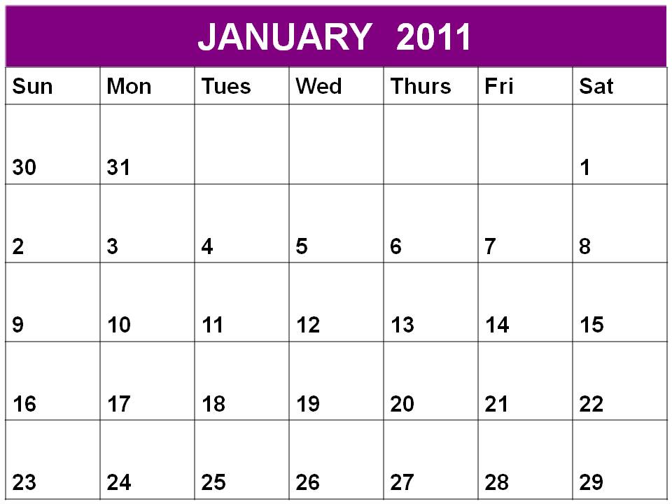 Free printable Planner 2011 January or Blank Calendar January 2011