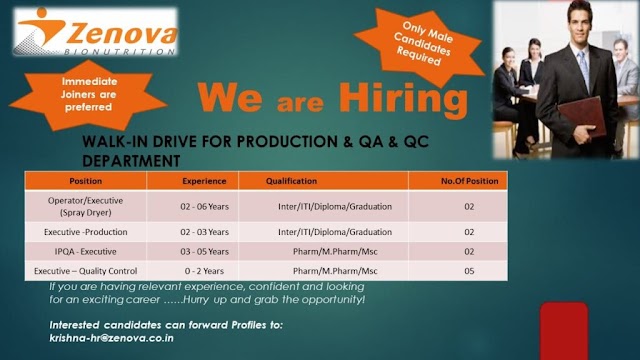 Zenova Bionutrition | Urgent openings in Production/QC/QA | Send CV