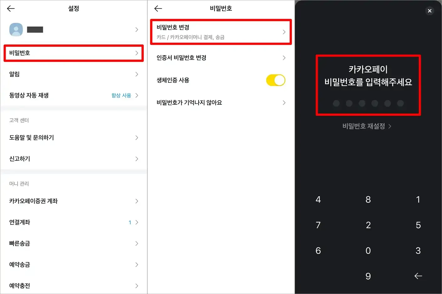 카카오페이 설정에서 비밀번호로 접속하여 '비밀번호 변경'을 선택하고, 현재 설정된 비밀번호를 입력