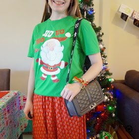 awayfromblue instagram fun festive Christmas outfit casual novelty santa green tee red maxi skirt