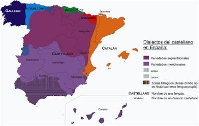 Un mapa de los dialectos castellanos en España, con los dialectos del norte y del sur en dos tonos de púrpura, y áreas bilingües marcadas a lo largo de las fronteras.