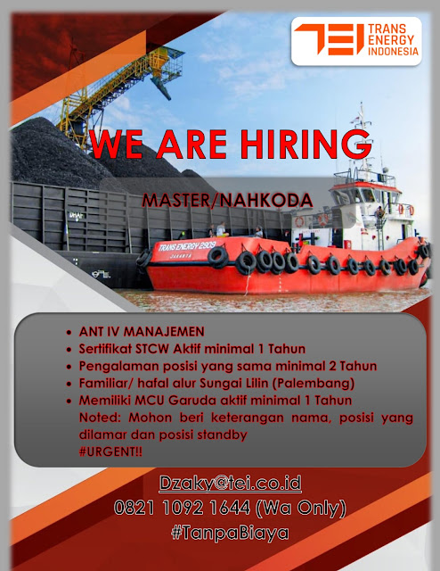 Job Vacancy Nakhoda ANT IV-M Kapal Tugboat TransEnergy 2024
