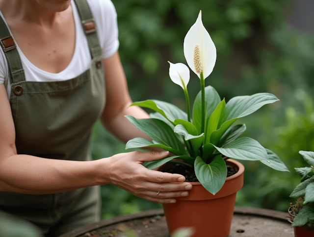 Woman carefully repotting a peace lily in a terracotta pot.
