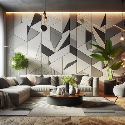 Desain ruang tamu Modern dengan Dinding Keramik Geometris