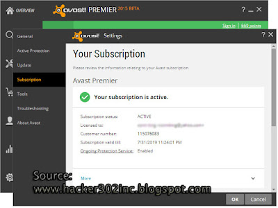 Avast! Premier 2015 BETA Activation Proof - Source: Hacker 302 Inc.