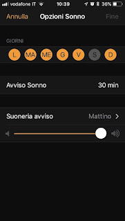 Screenshot iPhone, app Orologio, funzione “Sonno”. Opzioni.