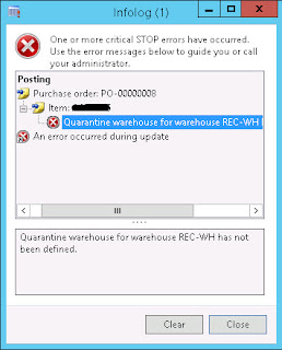 Quarantine warehouse for warehouse REC-WH has not been defined in AX