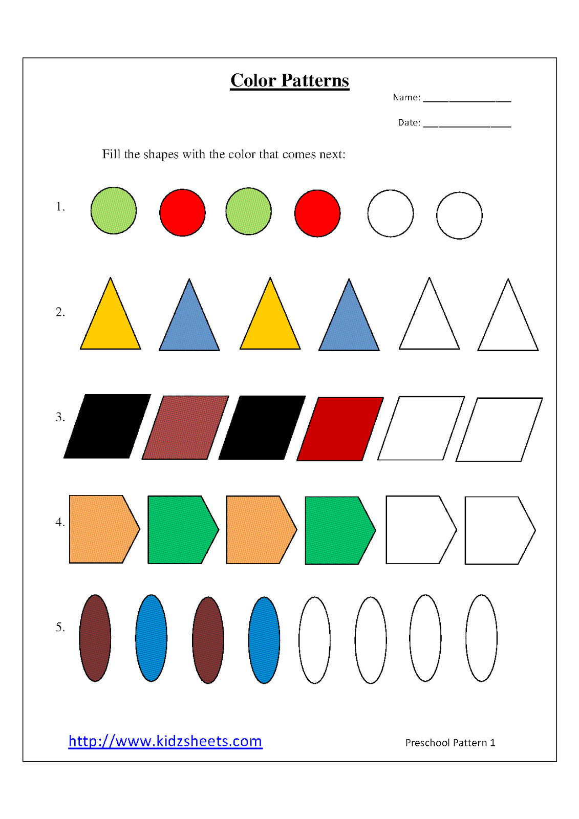 worksheet for patterns kindergarten color Worksheet1 Color Preschool Patterns Kidz Worksheets: