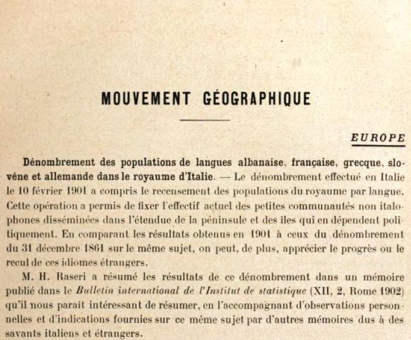 Parte dello scritto in lingua francese del geografo Charles Rabot "Enumerazione della popolazione di lingua albanese