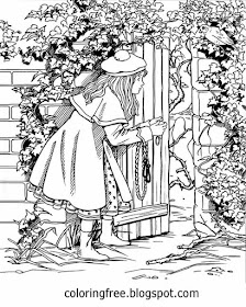 Girl at a secret gate wooden door beautiful garden coloring pages for adults printable drawing ideas