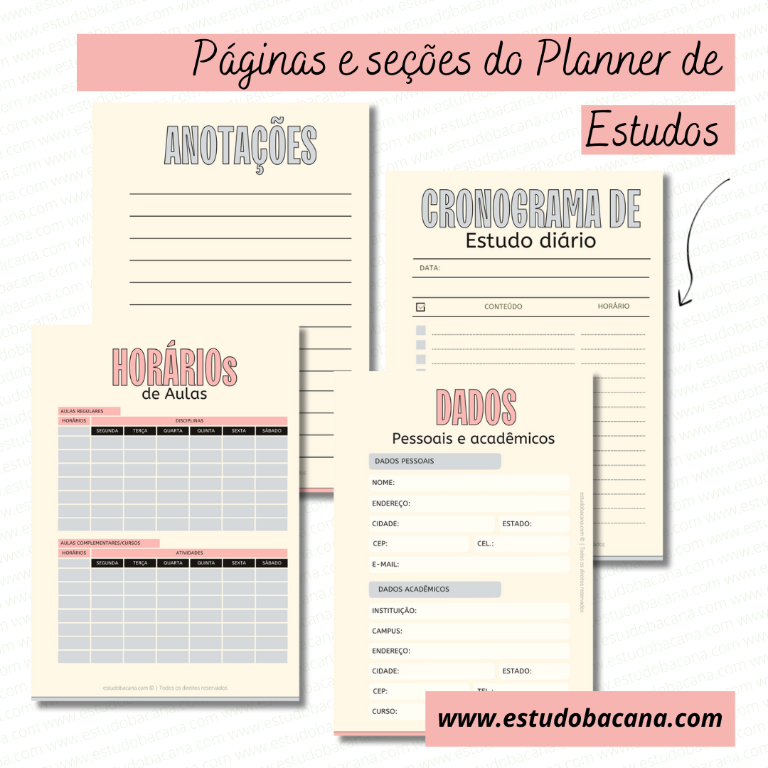 páginas e seções de um planner de estudos