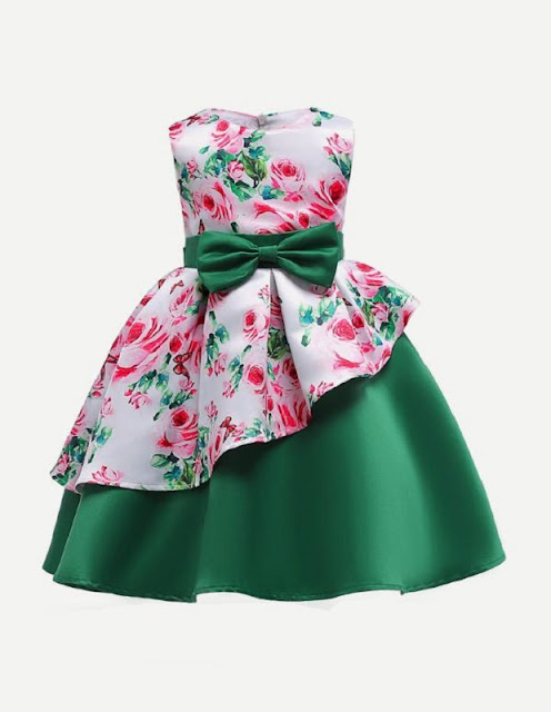 Kids Tie Detail Floral Print Box Pleated Tiered Dress Kids Tie Detail