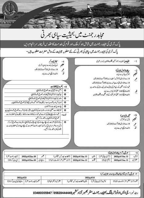Pak Army Mujahid Force Jobs 2022 Soldiers, Soldier Clerks, Cook and Others Latest Advertisement