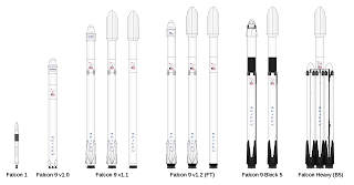 Falcon 1, Falcon 9 v1.0, Falcon 9 v1.1'in 3 farklı türü, Falcon 9 v1.2'in 3 farklı türü, Falcon 9 Block 5'in 2 farklı türü, ve Falcon Heavy
