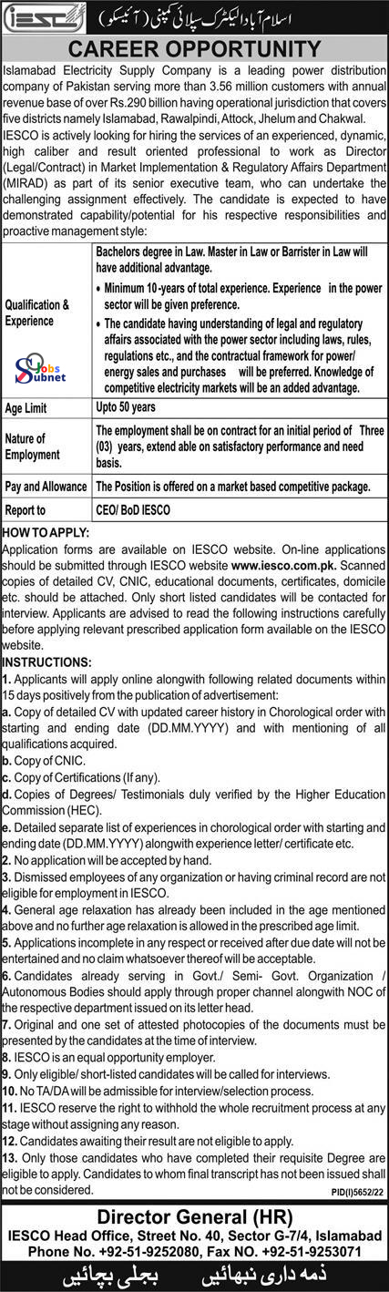 Electric Supply Company IESCO Jobs 2023 Advertisement Online Apply