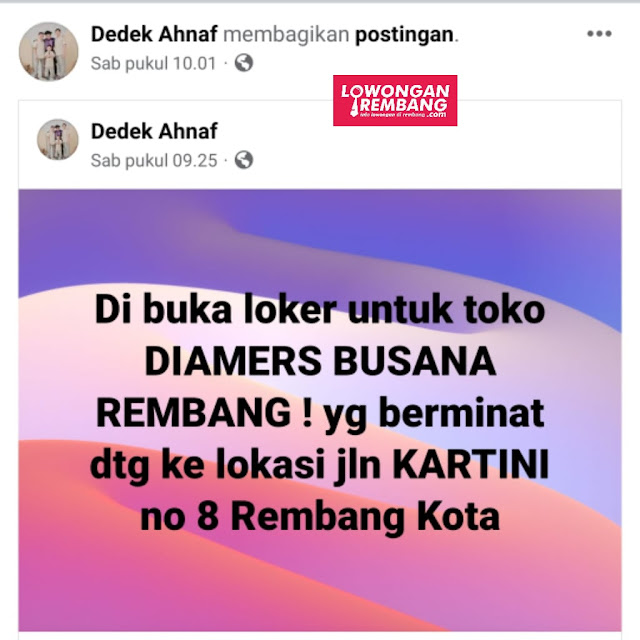 Lowongan Kerja Pegawai Toko Diamers Busana Rembang Tanpa Syarat Apapun