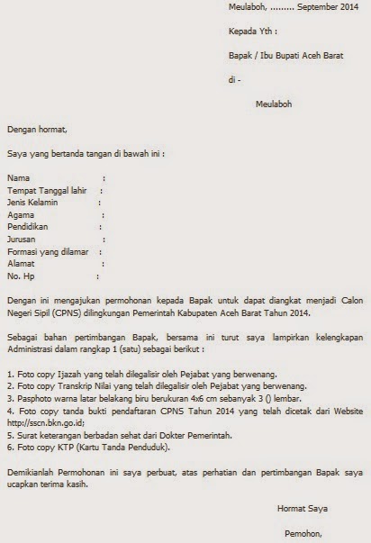 Contoh Surat Lamaran Kerja CPNS Kabupaten Aceh Barat 