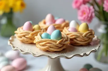 pastel-glazed Italian Easter cookies shaped as nests (holding mini eggs) and knots,