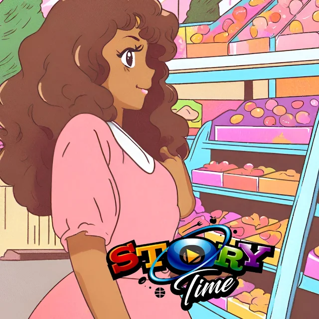 "Brown anime girl with curly hair steps into a candy and pastry shop."