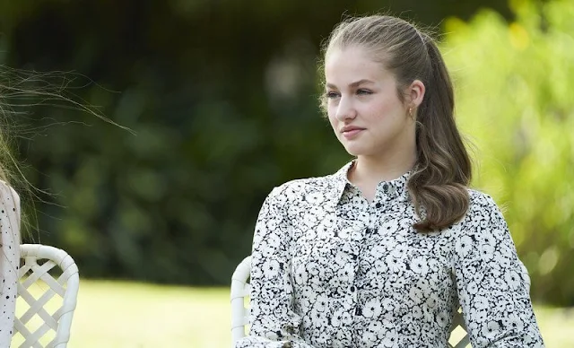 Princess Leonor wore a new Adaria shirt dress by Polín et Moi. Infanta Sofia wore a  new micro dot mini dress by  Zara