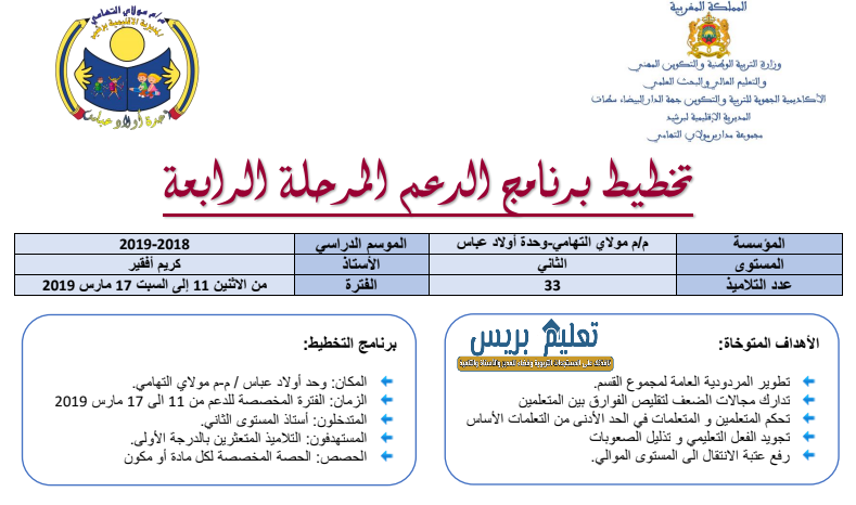 نموذج تخطيط برنامج الدعم للمرحلة الرابعة للمستوى الثاني ابتدائي