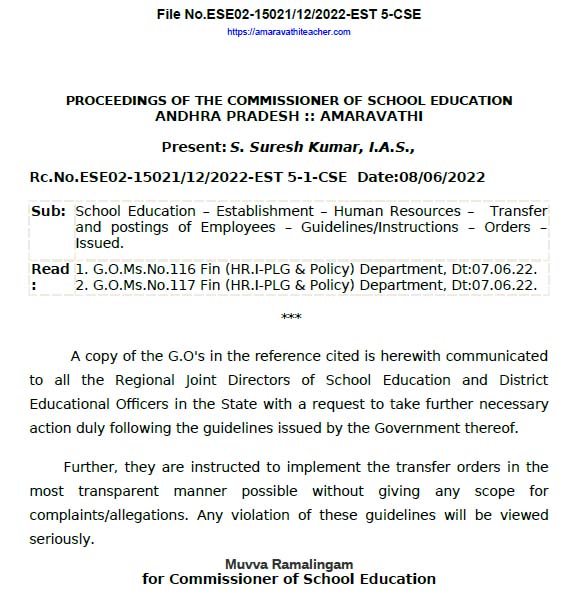 School Education  Establishment  Human Resources Transfer and postings of Employees  Guidelines Instructions