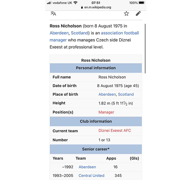 A fake Wikipedia page lists Ross Nicholson's current club as Czech side Diznei Exeest