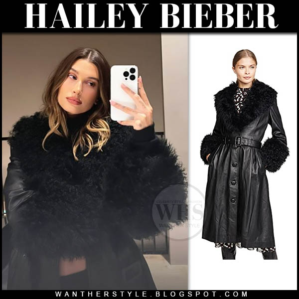 Hailey Bieber in black shearling belted coat